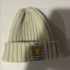 Toddler Cream Knit Beanie with Smiley Patch